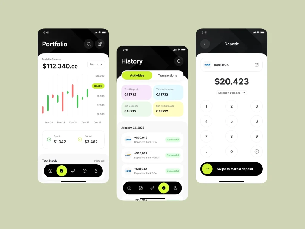 Sleek mobile stock trading application portfolio overview showing financial charts and account balance.