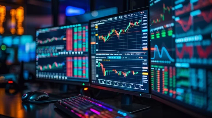 Professional day trading setup featuring multiple high-resolution monitor screens displaying complex real-time AI stock charts and indicators.